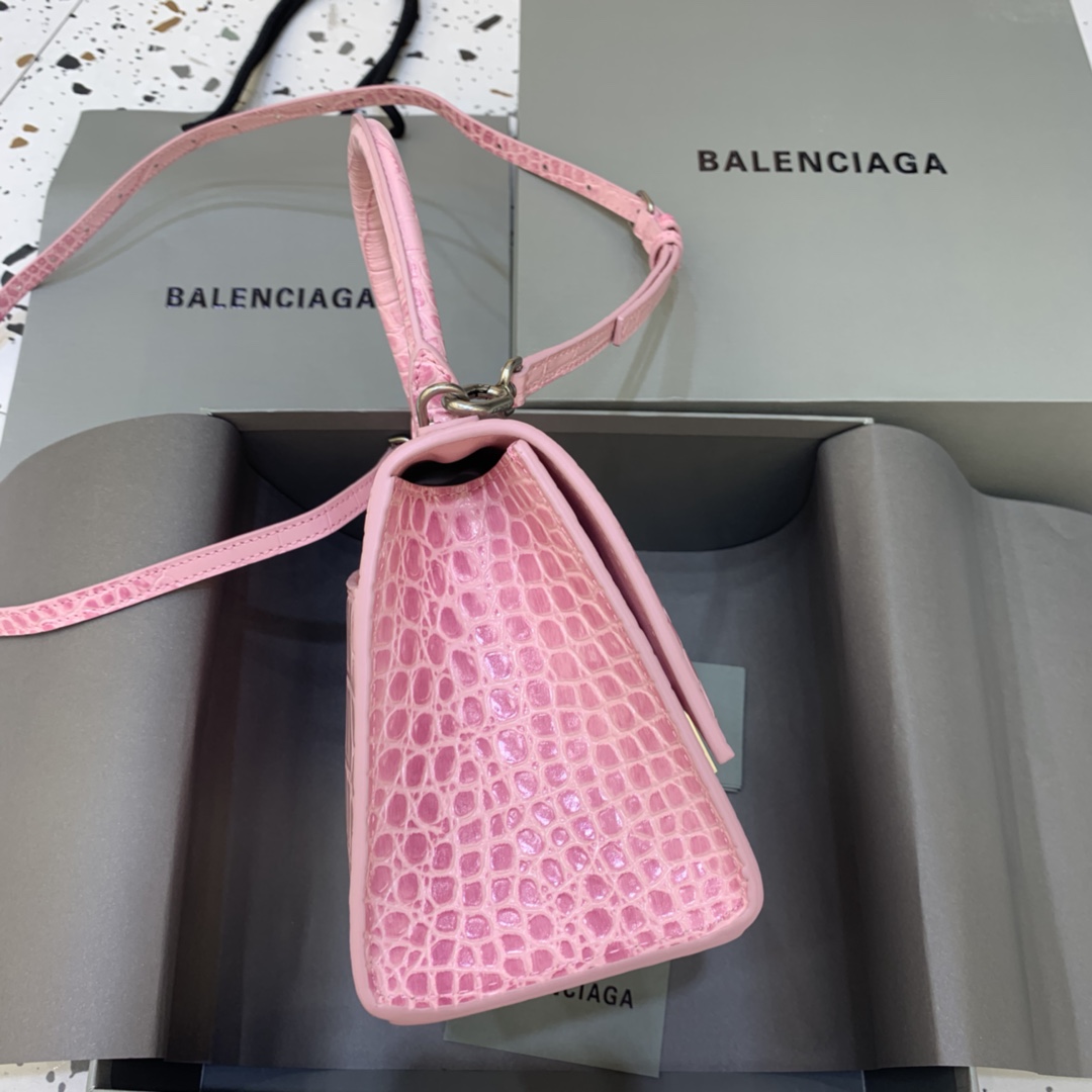 Balenciaga Hourglass Small Handbag Crocodile Embossed Shoulder Bag Pink